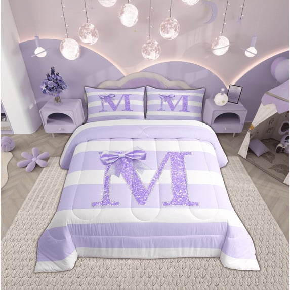 Feelyou Initial M Letter Queen Comforter Set, Bow-tie Monogrammed Bedding Sets, Purple White Geometric Bedding Comforter Set,Super Cozy Room Decor,3-Piece