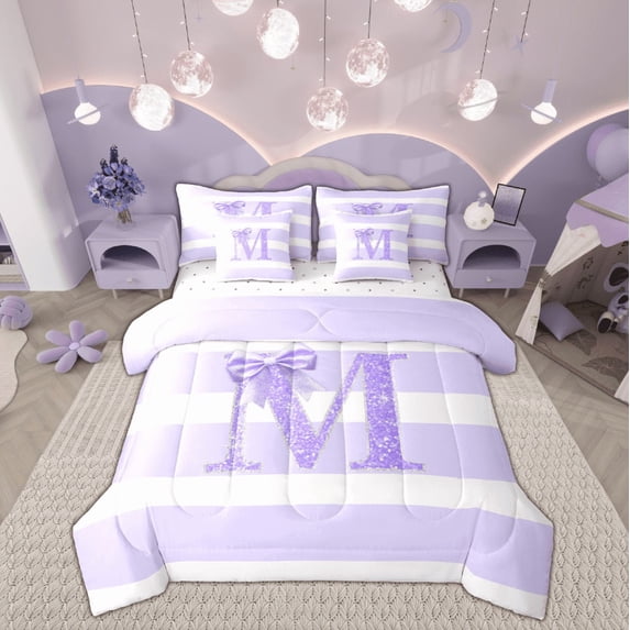 Feelyou Initial M Letter Twin Bedding Sets 7-Piece, Bow-tie Monogrammed Bedding Comforter Set, Purple White Geometric Sheet Sets,Super Cozy Room Decor