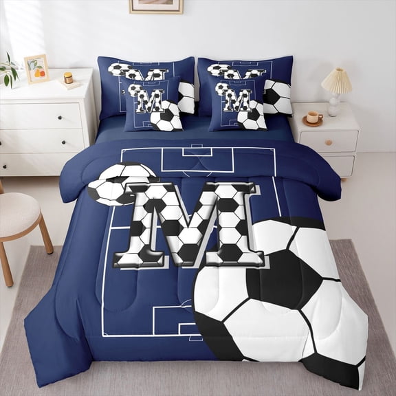 Feelyou Initial M Twin Bedding Sets 7-Piece, Football Soccer Cartoon Bedding Comforter Set