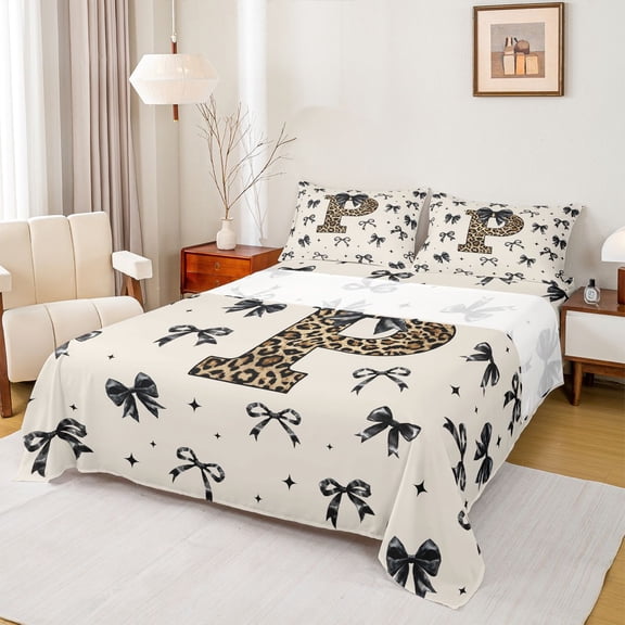 Feelyou Initial P Full Size Sheets, Bow Cheetah Leopard Print Bed Sheets, 4 Pieces