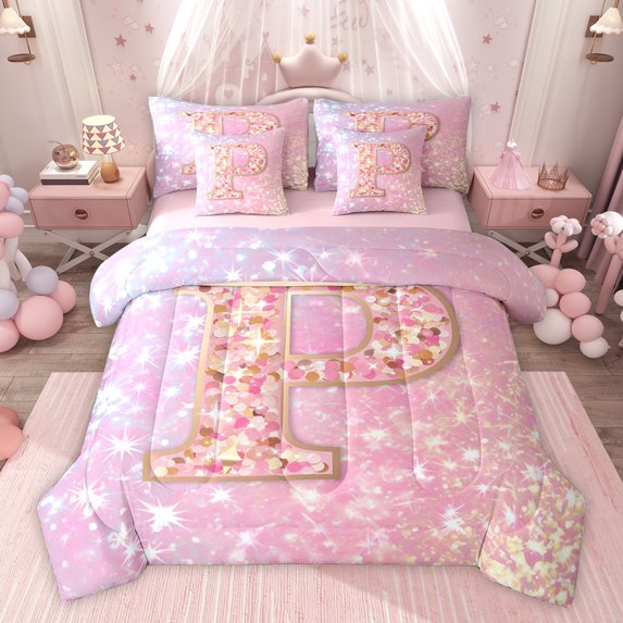 Feelyou Initial P Letter Bedding Comforter Set 7pcs for Kids, Girly Pink Cartoon King Bedding Sets, Fashion Bling Stars Reversible Bed Sheets, Lightweight Room Decor