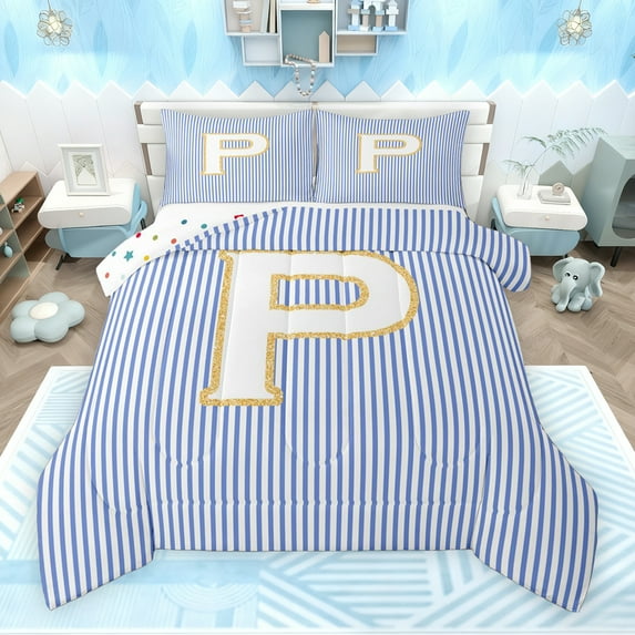 Feelyou Initial P Letter Bedding Comforter Set for Kid, Fashion Stripes Ombre Twin Comforter Sets, Fairy Tale Princess Reversible Bedding Set, Microfiber Bedroom Decor, 2pcs