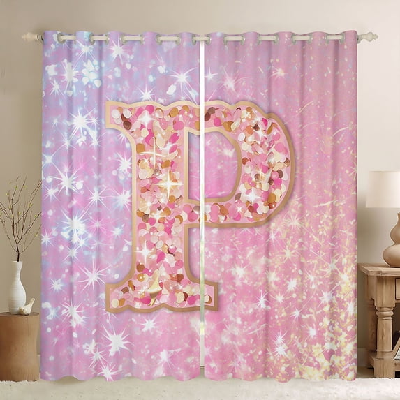 Feelyou Initial P Letter Black Out Curtains for Kids, Girly Pink Cartoon Curtains Pack of 2 (42x63 Each), Fashion Bling Stars Bedroom Curtains, Curtains and Drapes Room Decor