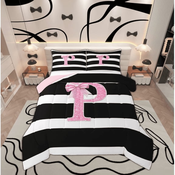 Feelyou Initial P Letter Full Size Comforter Sets, Cute Bow-tie Monogrammed Bedding Comforter Set, Black White Geometric Reversible Bedding Sets,Microfiber Bedroom Decor, 3pcs