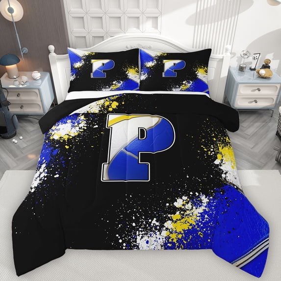 Feelyou Initial P Letter Queen Comforter Set, Blue Watercolor Artwork Bedding Sets, Cartoon Basketball Print Reversible Bedding Comforter Set, Microfiber Bedroom Decor, 3pcs