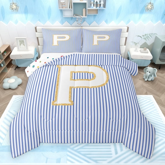 Feelyou Initial P Letter Queen Comforter Set for Kid, Fashion Stripes Ombre Bedding Sets, Fairy Tale Princess Reversible Bedding Comforter Set, Microfiber Bedroom Decor, 3pcs