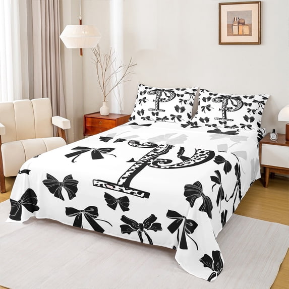 Feelyou Initial P Letter Queen Sheet Sets, Black Gothic Bow-tie Bowknot Flat Sheet, Teens Kids Girls Women Queen Fitted Sheet, Luxury Bedroom Decor, 4pcs