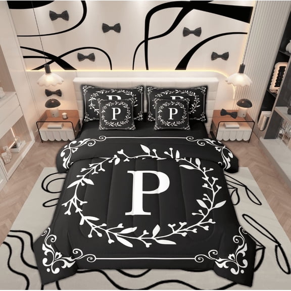 Feelyou Initial P Letter Twin Bedding Sets 7-Piece, Farmhouse Leaf Bedding Comforter Set, Plant Botanical Reversible Sheet Sets, Breathable Home Decor