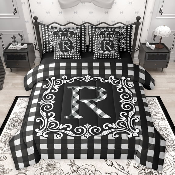 Feelyou Initial R Letter Bedding Comforter Set 7pcs, Hippie Tribal Mandala King Bedding Sets, Simple Fashion Checkered Reversible Bed Sheets, Microfiber Bedroom Decor