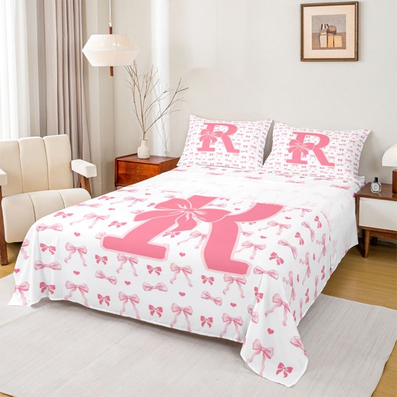 Feelyou Initial R Letter Full Size Sheets, Teen Kid Cartoon Bowknot Bed Sheets, 4-Piece
