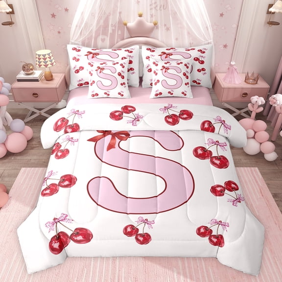 Feelyou Initial S Letter Bedding Comforter Set 7 Pieces for Girl, Red Fruit Cherry Full Bedding Set, Princess Cartoon Ribbon Reversible Fitted Sheet Flat Sheet, Microfiber Bedroom Decor