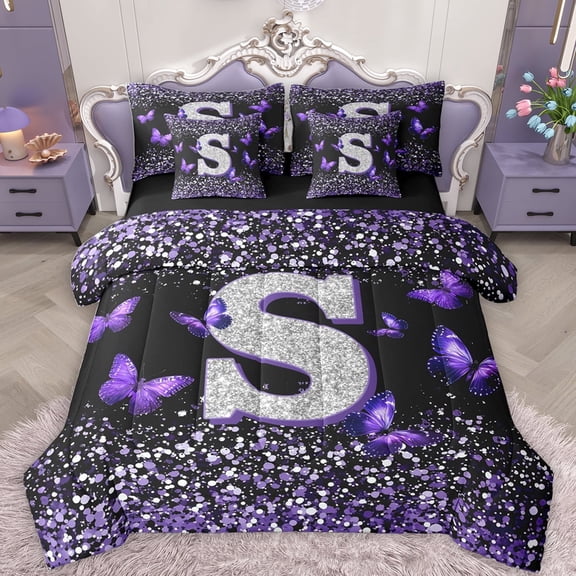 Feelyou Initial S Letter Bedding Comforter Set 7 Pieces, Sequin Print Monogrammed Full Bedding Set, Dreamy Purple Butterfly Reversible Fitted Sheet Flat Sheet, Lightweight Room Decor