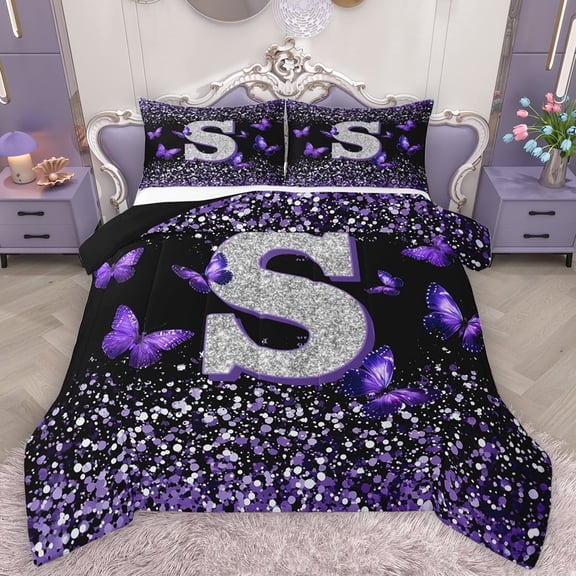 Feelyou Initial S Letter Full Size Comforter Sets, Sequin Print Monogrammed Bedding Comforter Set, Dreamy Purple Butterfly Reversible Bedding Sets, Lightweight Room Decor, 3 Pieces