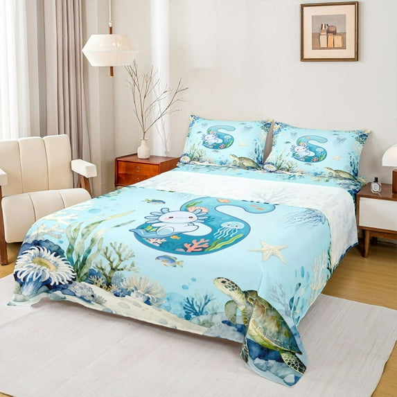 Feelyou Initial S Teens Twin Sheet Sets, Sea Turtle Axolotl Bedding, 3-Piece