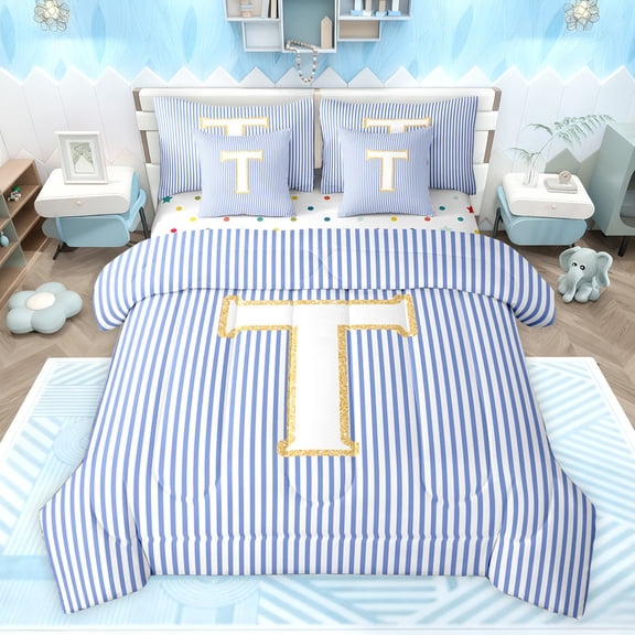 Feelyou Initial T Letter Bedding Comforter Set 7 Pieces for Kid, Fashion Stripes Ombre Full Bedding Set, Fairy Tale Princess Reversible Fitted Sheet Flat Sheet, Lightweight Room Decor