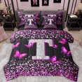 thumbnail image 1 of Feelyou Initial T Letter Bedding Comforter Set 7 Pieces, Sequin Print Monogrammed Full Bedding Set, Romantic Pink Butterfly Reversible Fitted Sheet Flat Sheet, Ultra Soft Bedroom Decor, 1 of 7