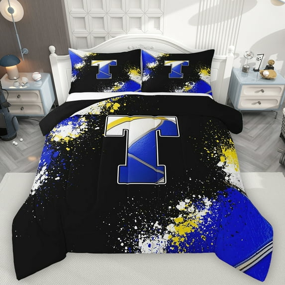 Feelyou Initial T Letter Bedding Comforter Set, Blue Watercolor Artwork Twin Comforter Sets, Cartoon Basketball Print Reversible Bedding Set, Ultra Soft Bedroom Decor, 2pcs