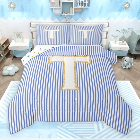 Feelyou Initial T Letter Bedding Comforter Set for Kid, Fashion Stripes Ombre Twin Comforter Sets, Fairy Tale Princess Reversible Bedding Set, Lightweight Room Decor, 2pcs
