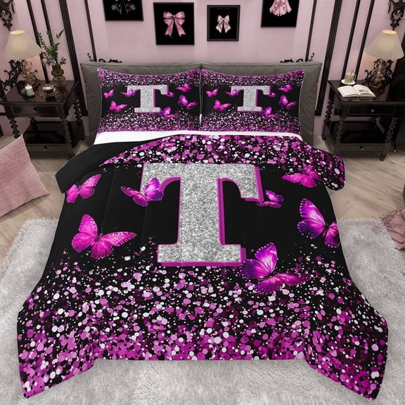 Feelyou Initial T Letter Bedding Comforter Set, Sequin Print Monogrammed Twin Comforter Sets, Romantic Pink Butterfly Reversible Bedding Set, Ultra Soft Bedroom Decor, 2 Pieces