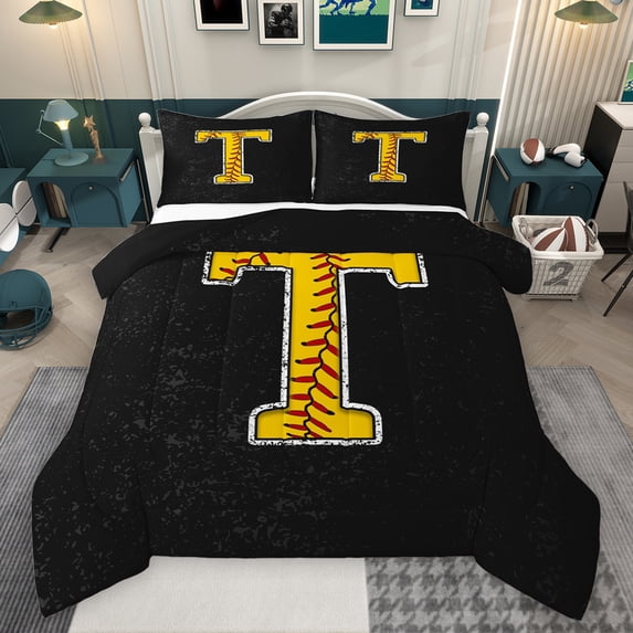 Feelyou Initial T Letter Full Size Comforter Sets for Kid, Cartoon Monogrammed Bedding Comforter Set, Baseball Sports Lover Reversible Bedding Sets, Breathable Home Decor, 3 Pieces