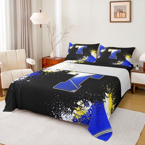 Feelyou Initial T Letter Twin Sheet Sets, Blue Watercolor Artwork Twin Fitted Sheet, Cartoon Basketball Print Flat Sheet, Ultra Soft Bedroom Decor, 3pcs