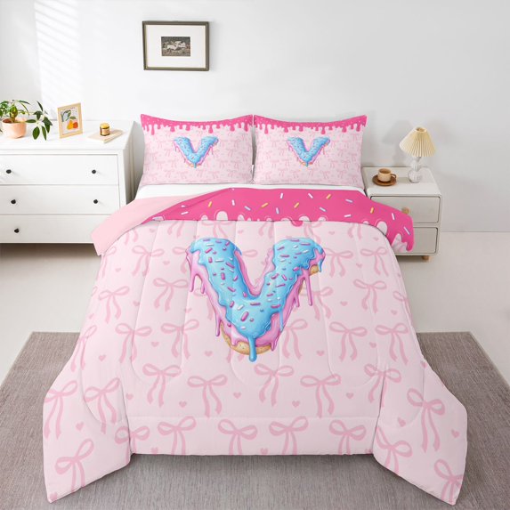 Feelyou Initial V Letter Twin Comforter Sets, Teen Kid Bow-tie Ribbon Bedding Set, 2pcs