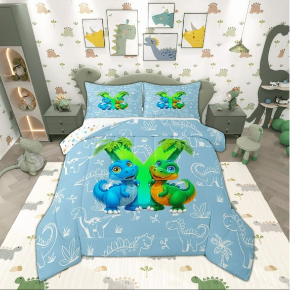 Feelyou Initial Y Letter Bedding Comforter Set, Kawaii Dinosaur Twin Comforter Sets, Teen Boy Girl Kid Reversible Bedding Set, Super Cozy Room Decor, 2-Piece