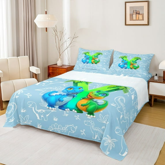 Feelyou Initial Y Letter Full Size Sheets, Kawaii Dinosaur Bed Sheets, Teen Boy Girl Kid Sheet Sets, Super Cozy Room Decor, 4-Piece