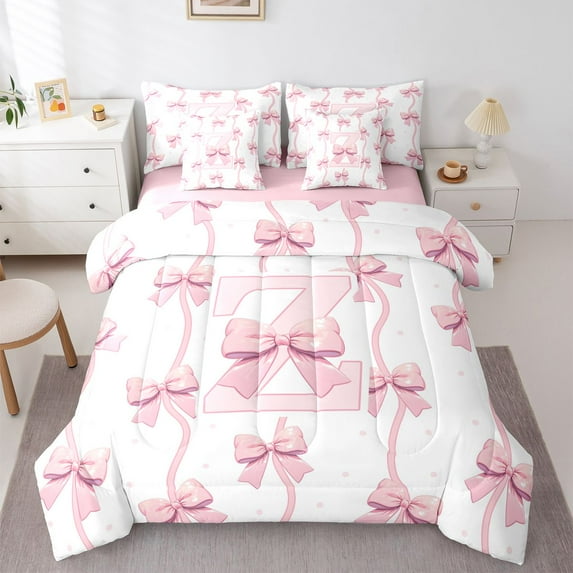 Feelyou Initial Z Bedding Comforter Set 7pcs, Watercolor Bow King Bedding Sets