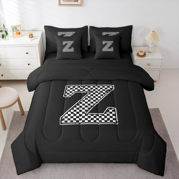 Feelyou Initial Z Letter Bedding Comforter Set 7pcs for Teen, Black White Monogrammed Queen Bedding Sets, Checkered Buffalo Reversible Queen Sheet Sets, Microfiber Bedroom Decor