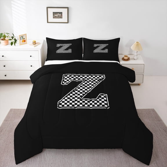 Feelyou Initial Z Letter Queen Comforter Set for Teen, Black White Monogrammed Bedding Sets, Checkered Buffalo Reversible Bedding Comforter Set, Microfiber Bedroom Decor, 3pcs