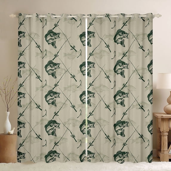 Feelyou Ink Bass Fishing Curtains Pack of 2 (42x84 Each) for Men Boys, Cartoon Pike Fish Animal Curtains Blackout, Grey Green