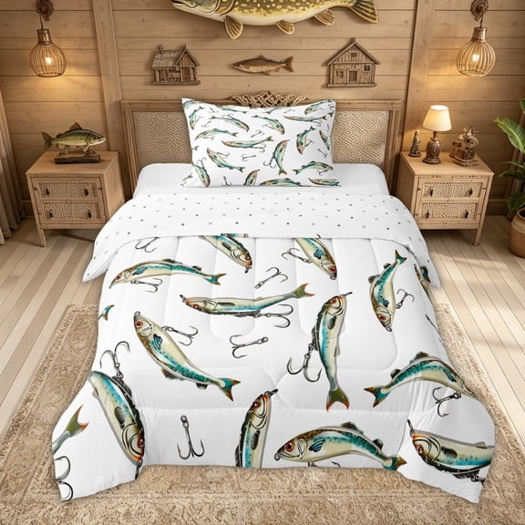 Feelyou Ink Cartoon Pike Fish Twin Comforter Sets for Men Boys, Kawaii Ocean Animal Bedding Set, Reversible, 2pcs