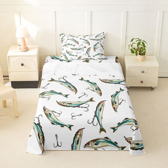 Feelyou Ink Cartoon Pike Fish Twin Sheet Sets for Men Boys, Kawaii Ocean Animal Bedding, 3pcs