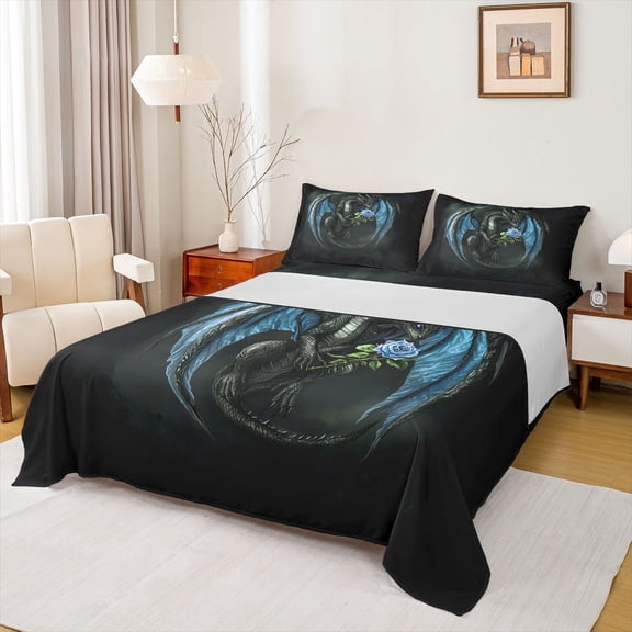 Feelyou Ink Dragon Full Size Sheets for Men Boys, Classic Animal Bed Sheets, Deep Navy, 4 Pieces