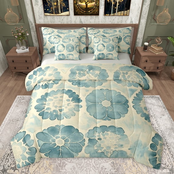 Feelyou Ink Flower Floral Twin Bedding Sets 7-Piece, Retro Green Watercolor Bedding Comforter Set, Teens Adult Women Girl Reversible Sheet Sets, Super Cozy Room Decor