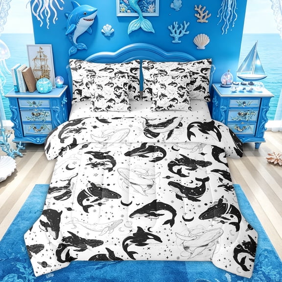 Feelyou Ink Galaxy Whale Bedding Comforter Set for Kids Boys Girls, Starlight Celestial Animal King Bedding Sets, Black White, Reversible, 7-Piece