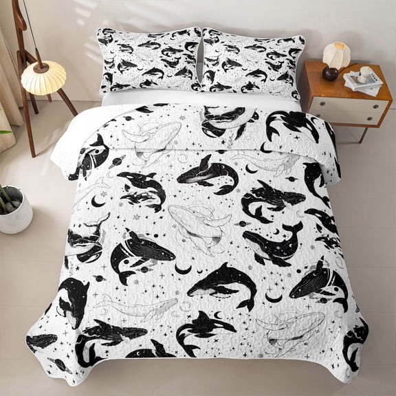 Feelyou Ink Galaxy Whale Twin Quilt Set for Boys Girls, Starlight Celestial Animal Twin Coverlet Set, Black White, 2-Piece