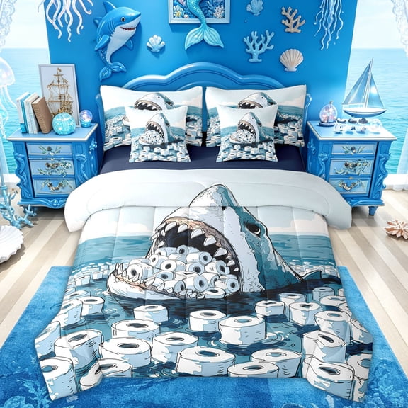 Feelyou Ink Ocean Shark Toilet Twin Bedding Sets for Men Women, Environmental Sea Wildlife Bedding Comforter Set, Blue Grey, Blue Reversible, 7pcs