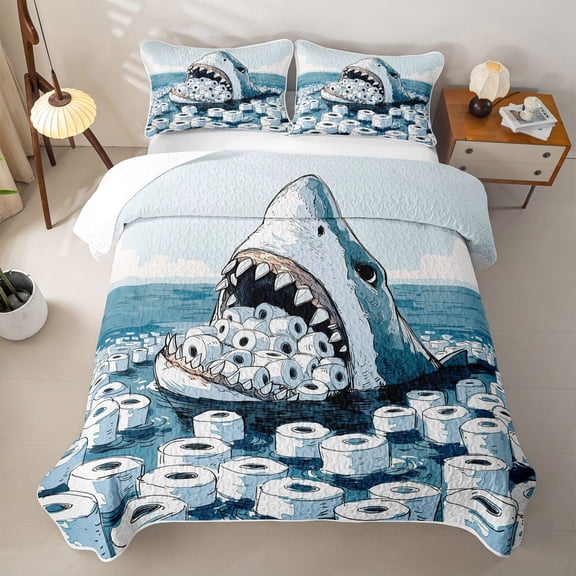 Feelyou Ink Ocean Shark Toilet Twin Quilt Set for Men Women, Environmental Sea Wildlife Twin Coverlet Set, Blue Grey, 2pcs
