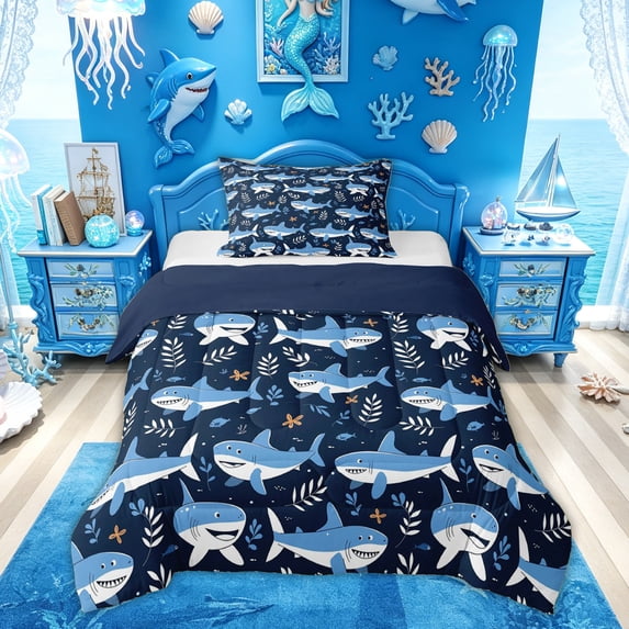 Feelyou Ink Ocean Shark Twin Comforter Sets for Kids Boys Girls, kawaii Marine Animal Bedding Set, Navy, Blue Reversible, 2-Piece
