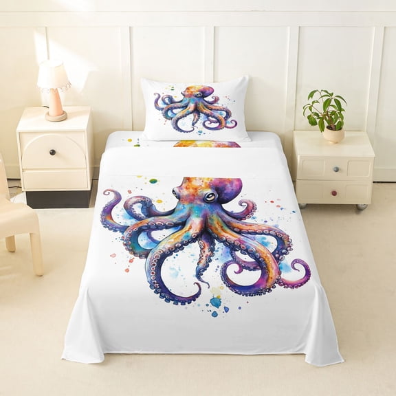 Feelyou Ink Rainbow Octopus Twin Sheet Sets for Kids, Watercolor Sea Animal Bedding, White Orange, 3-Piece