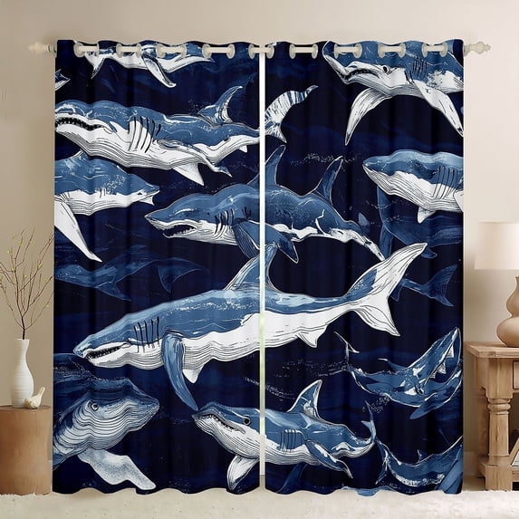 Feelyou Ink Shark Curtains Pack of 2 (42x84 Each) for Kids Boys Girls, Vintage Sea Animal Curtains Blackout, bLUE