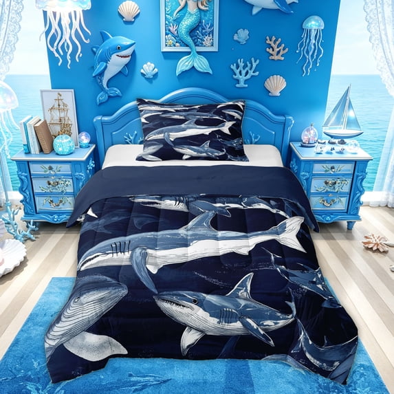 Feelyou Ink Shark Twin Comforter Sets for Kids Boys Girls, Vintage Sea Animal Bedding Set, bLUE, Blue Reversible, 2 Pieces