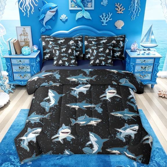 Feelyou Ink Splash Cartoon Shark Twin Bedding Sets for Boys Kids, Dark Ocean Underwater Bedding Comforter Set, Navy, Blue Reversible, 7-Piece