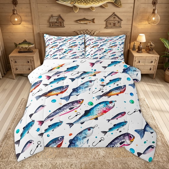 Feelyou Ink Splash Fish Queen Comforter Set for Kids Boys Girls, Hook Ocean Animal Bedding Comforter Set, White Blue, Reversible, 3pcs
