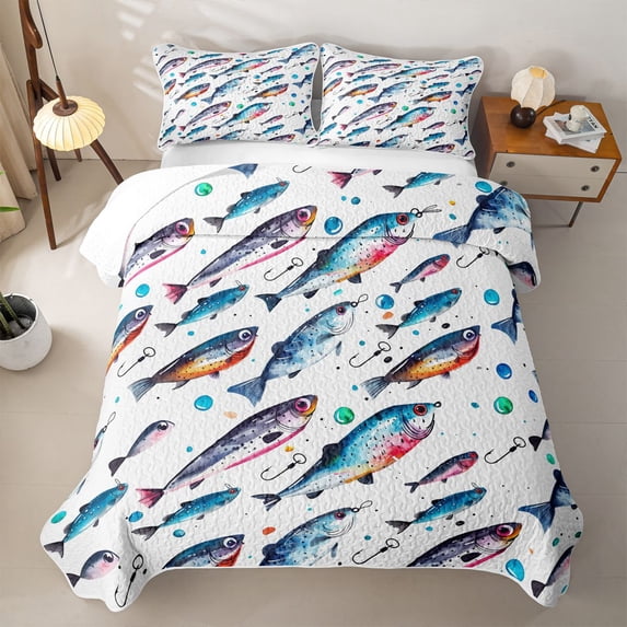 Feelyou Ink Splash Fish Twin Quilt Set for Boys Girls, Hook Ocean Animal Twin Coverlet Set, White Blue, 2pcs
