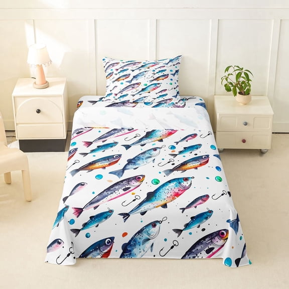 Feelyou Ink Splash Fish Twin Sheet Sets for Kids Boys Girls, Hook Ocean Animal Bedding, White Blue, 3pcs