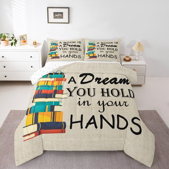 Feelyou Inspirational Word Full Size Comforter Sets, Vintage Cartoon Books Bedding Comforter Set, Teen Kid Child Reversible Bedding Sets, Lightweight Room Decor, 3 Pieces