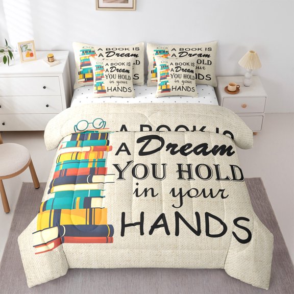 Feelyou Inspirational Word Twin Bedding Sets 7-Piece, Vintage Cartoon Books Bedding Comforter Set, Teen Kid Child Reversible Sheet Sets, Lightweight Room Decor